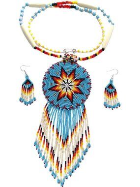 Boho Chic Beaded Necklace & Earrings Set with Large Rosette Pendant, Handmade